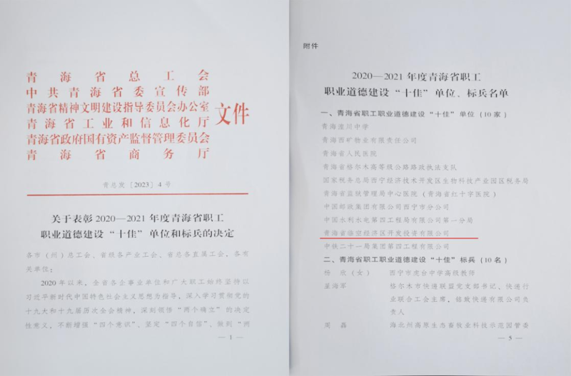 青海省臨空經(jīng)濟區(qū)開發(fā)投資有限公司榮獲青海省職工職業(yè)道德建設(shè)&ldquo;十佳&rdquo;單位