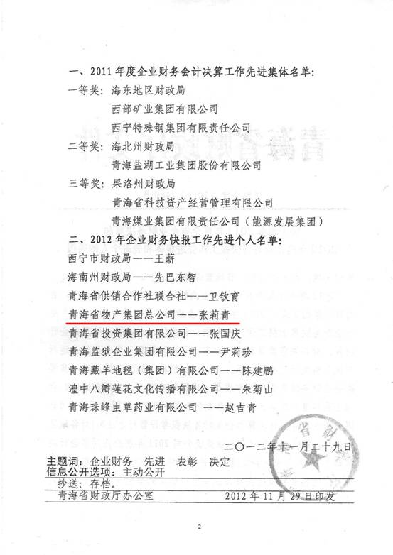 物產(chǎn)集團(tuán)榮獲2011年度財(cái)務(wù)決算先進(jìn)單位、2012年度財(cái)務(wù)快報(bào)工作先進(jìn)個(gè)人表彰